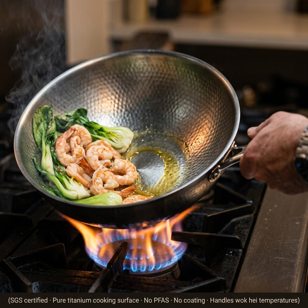 Titanium Hammered Wok Pan Pro - cooking in action prawns