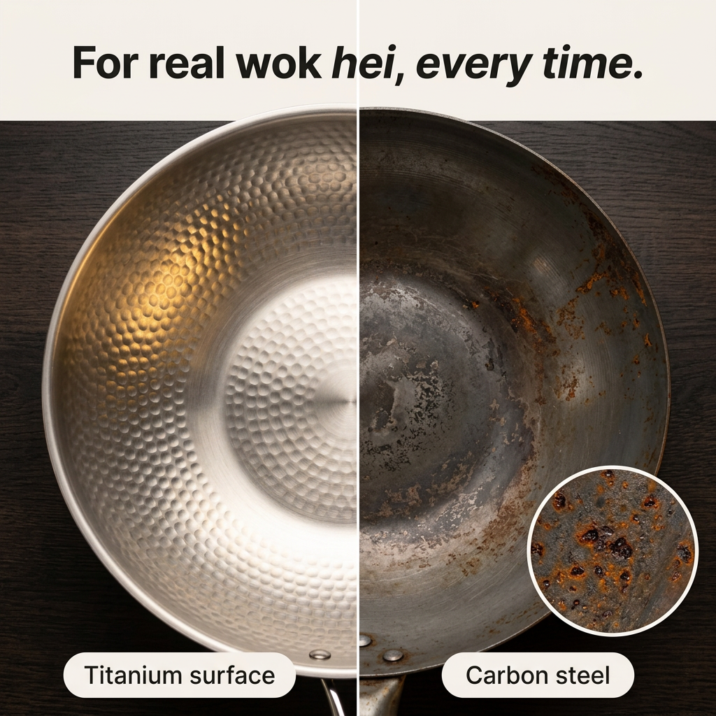Titanium Hammered Wok Pan Pro - split comparison