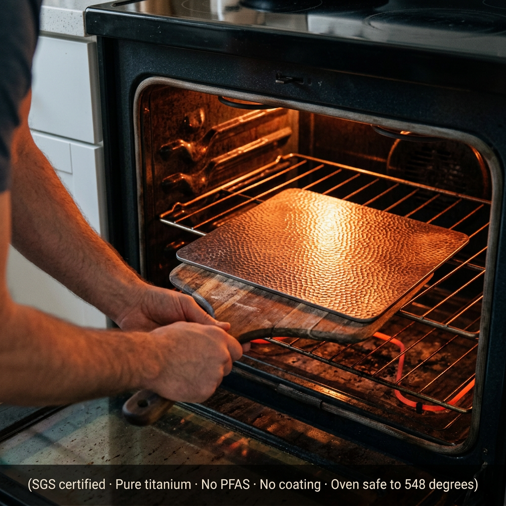 Titanium Hammered Pizza Steel - sliding into oven