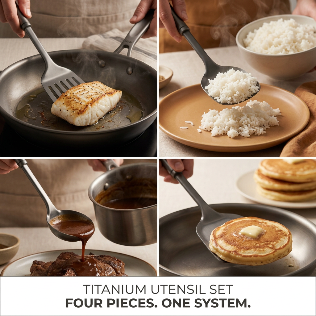 Titanium Utensil Set Bundle - four utensils in action collage