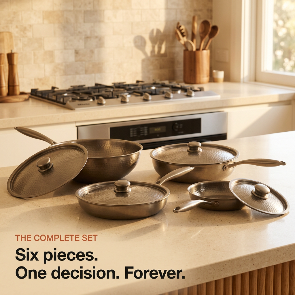 Titanium Hammered Pan Set 6-Pcs - kitchen bench lifestyle