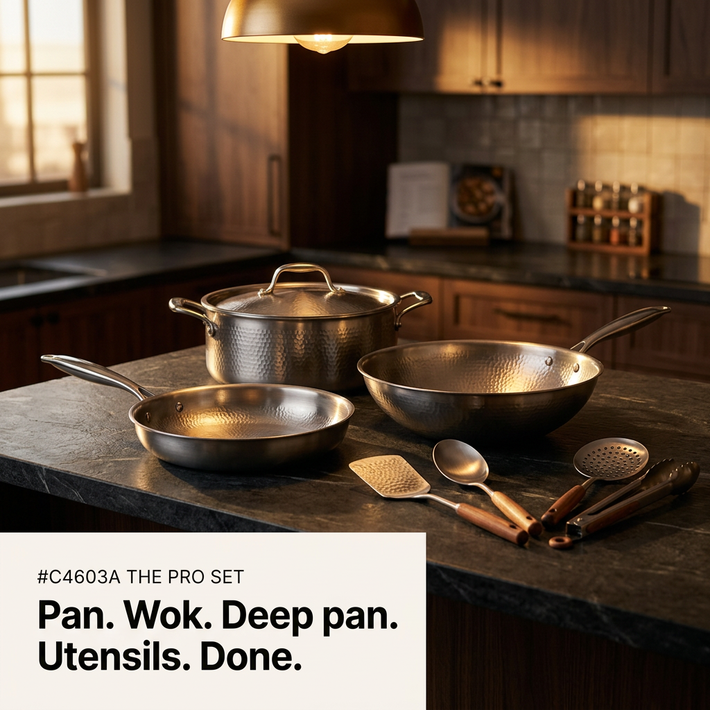 Titanium Hammered Cookware Set Pro - kitchen bench lifestyle