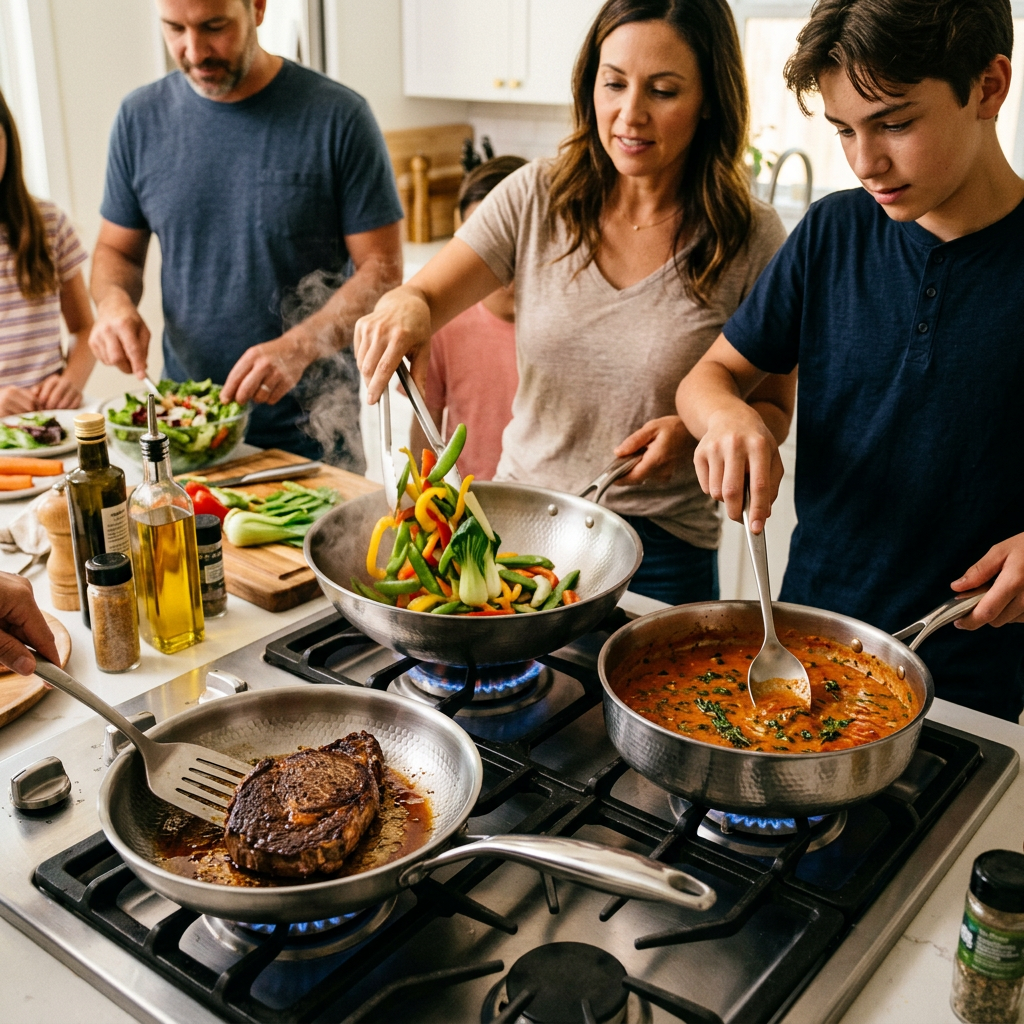 Titanium Hammered Cookware Set Pro - all three pans cooking