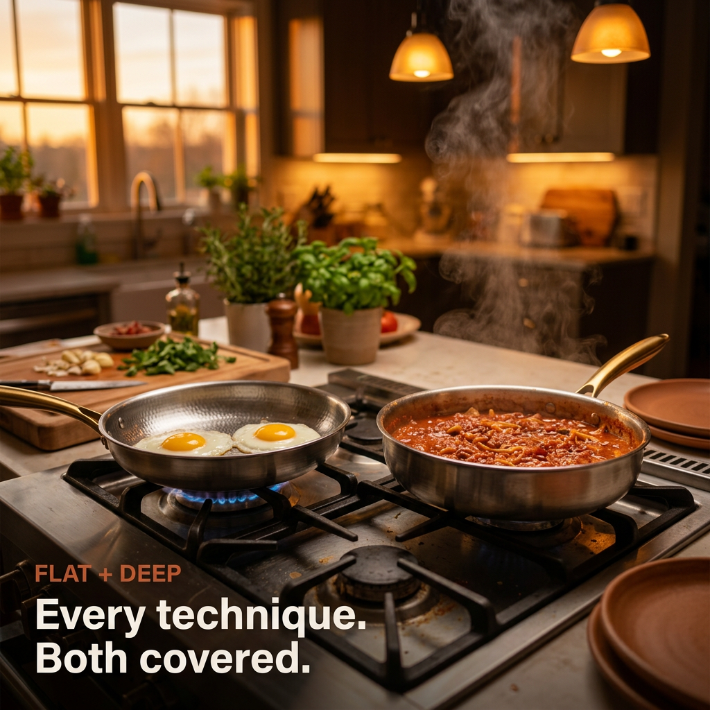 Titanium Pan Pro + High-Sided Pan Set - both on cooktop