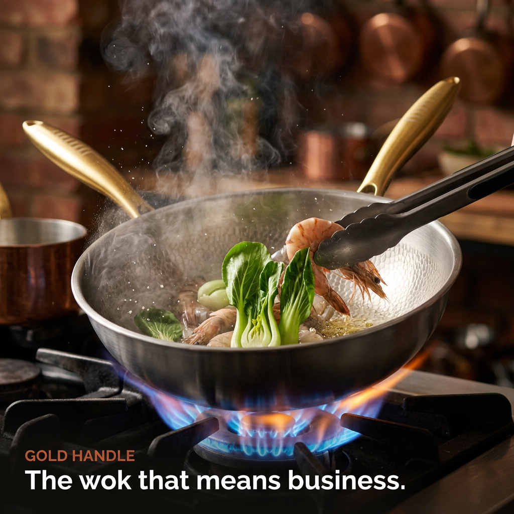 Titanium Wok Pro Gold Handle - prawns on gas flame