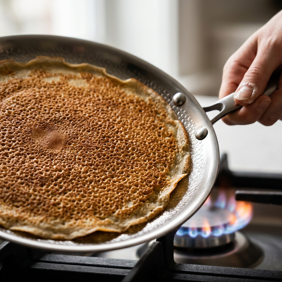 Titanium Hammered Crêpe Pan Pro - cooking in action on gas
