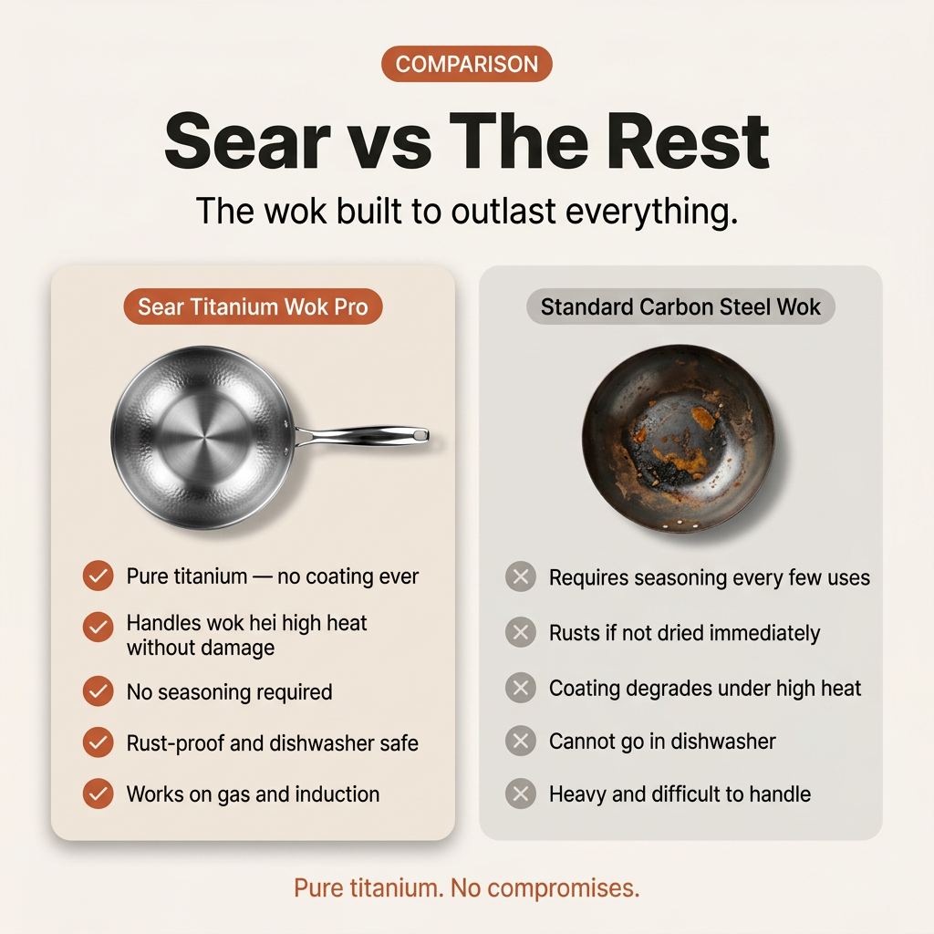 Titanium Hammered Wok Pan Pro - Sear vs The Rest