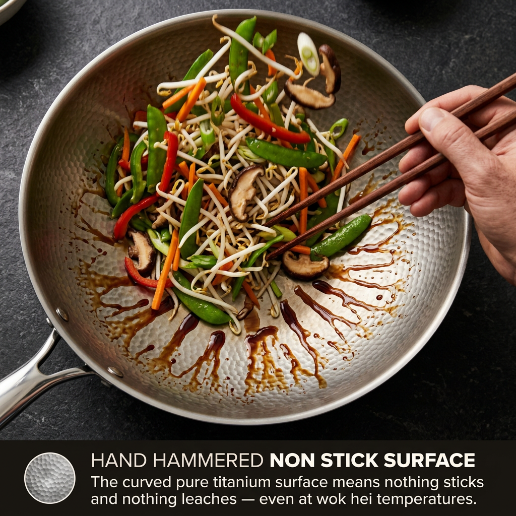 Titanium Hammered Wok Pan Pro - hand hammered non stick surface