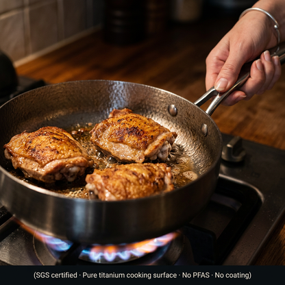 Titanium Hammered Deep Pan Pro - cooking in action chicken
