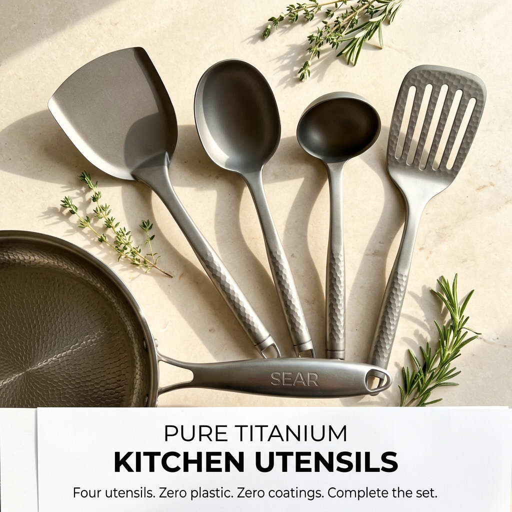 Titanium Utensil - flat lay with pan