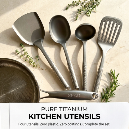 Titanium Utensil - flat lay with pan