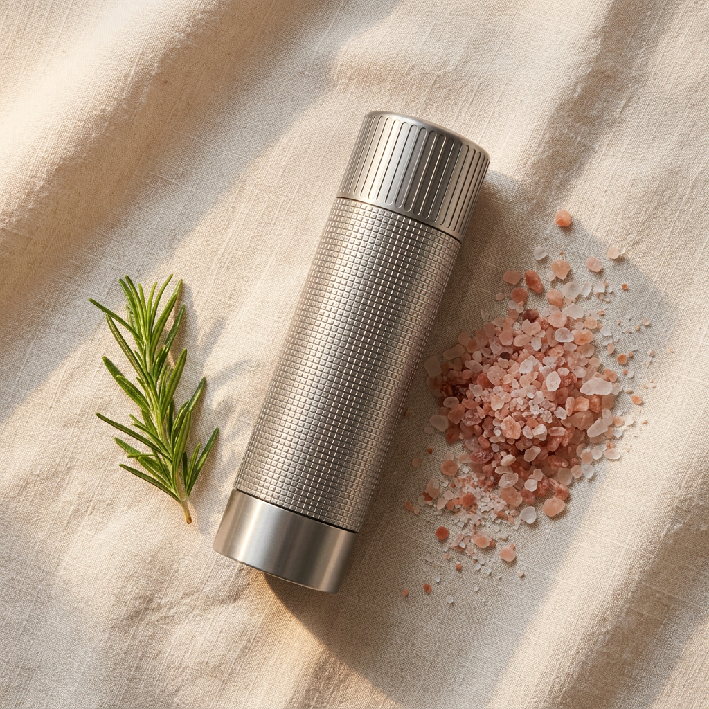 Salt Mill - flat lay with Himalayan salt