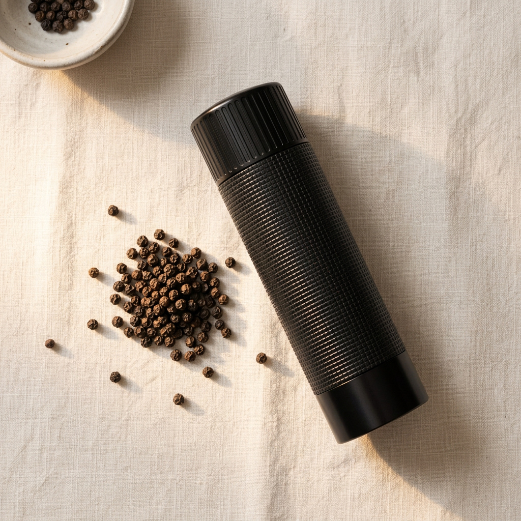 Pepper Mill - flat lay with peppercorns