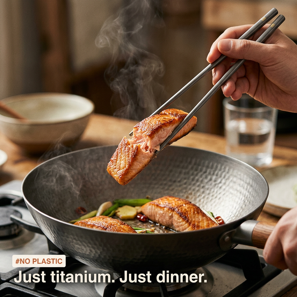 Titanium Chopsticks - lifting salmon from wok