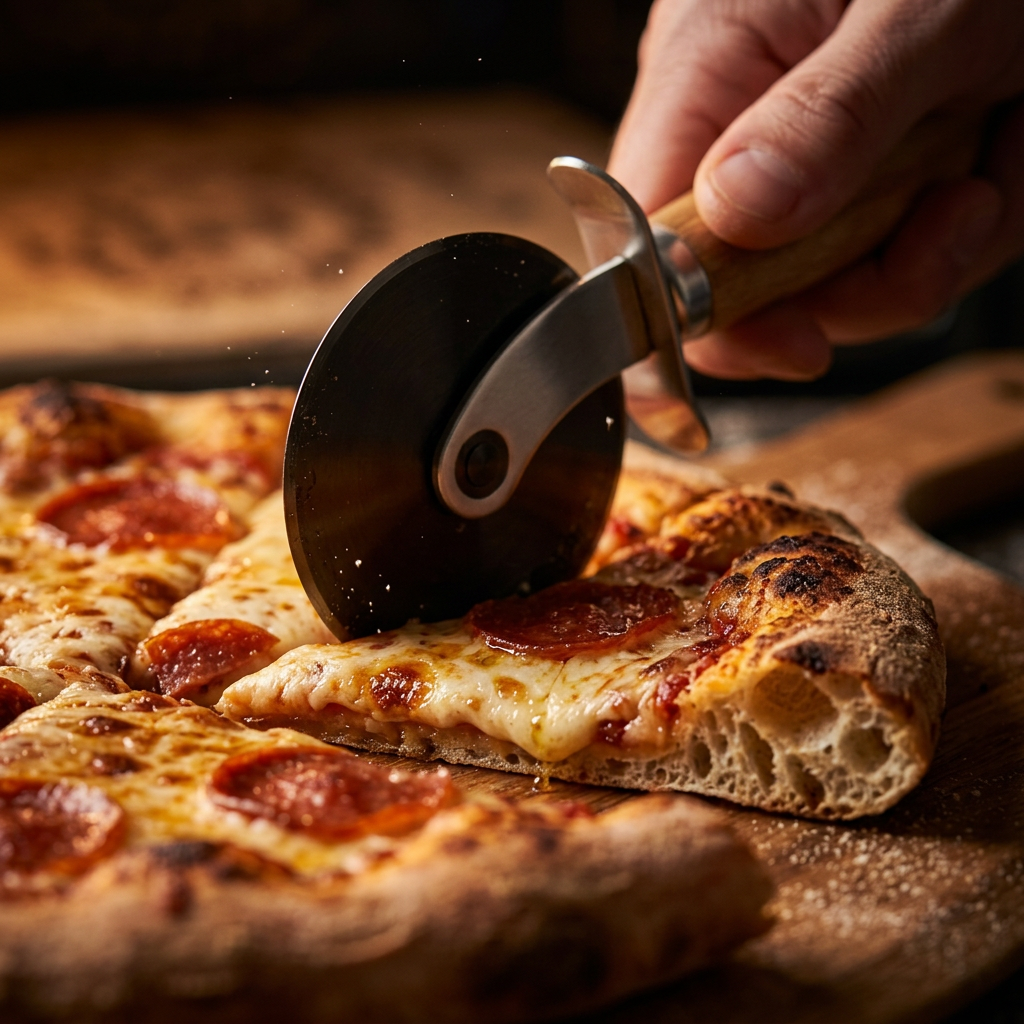 Pizza Wheel - rolling through pizza side action