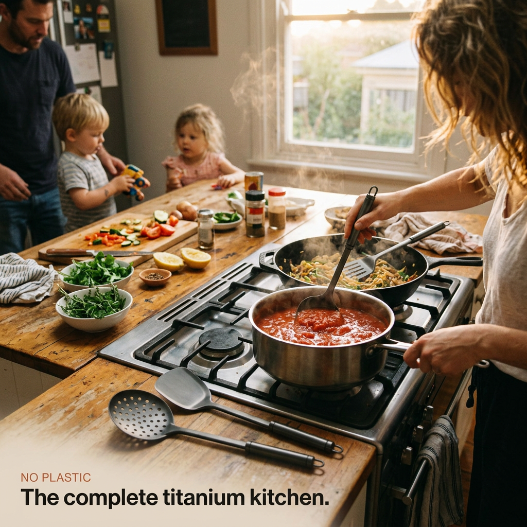 Titanium Utensil Set Bundle - family cooking scene