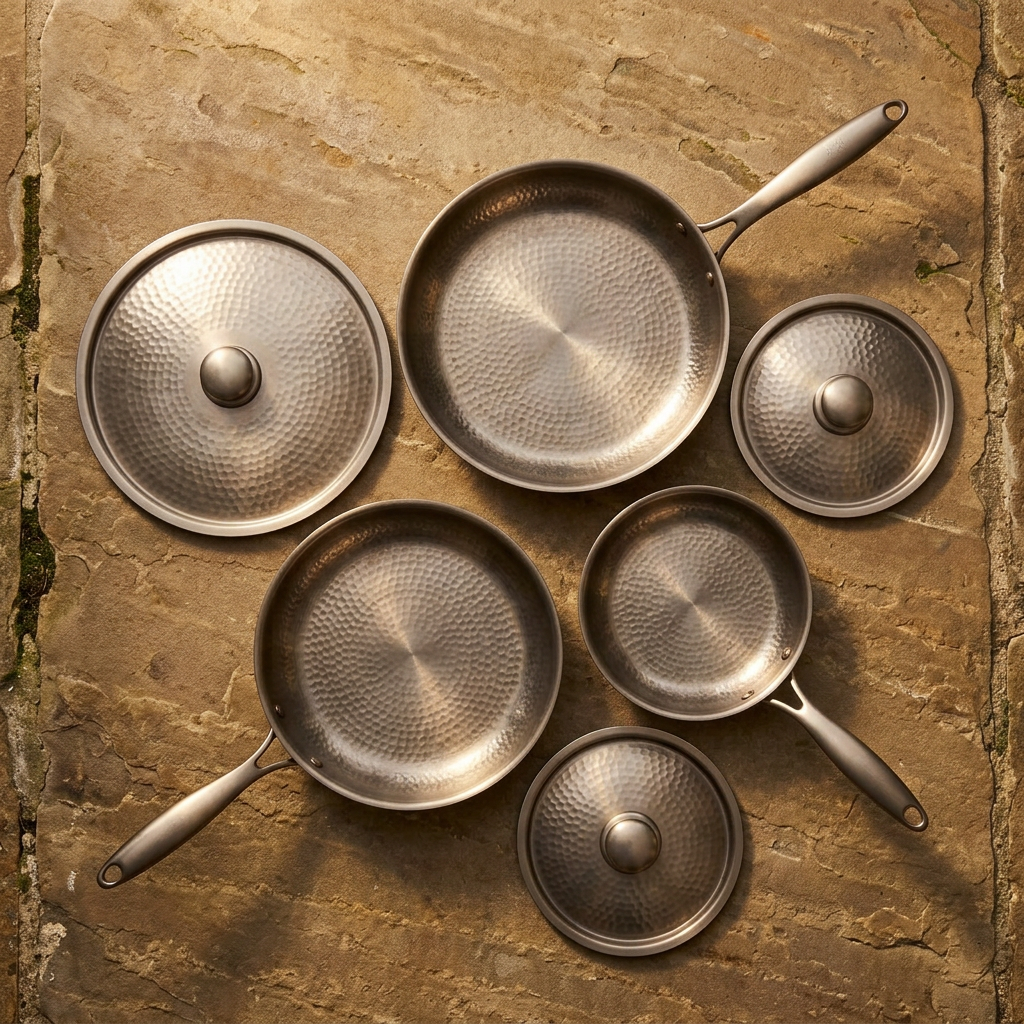 Titanium Hammered Pan Set 6-Pcs - overhead flat lay all 6