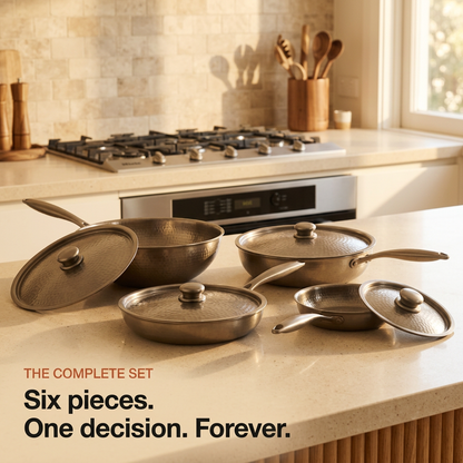 Titanium Hammered Pan Set 6-Pcs - kitchen bench lifestyle