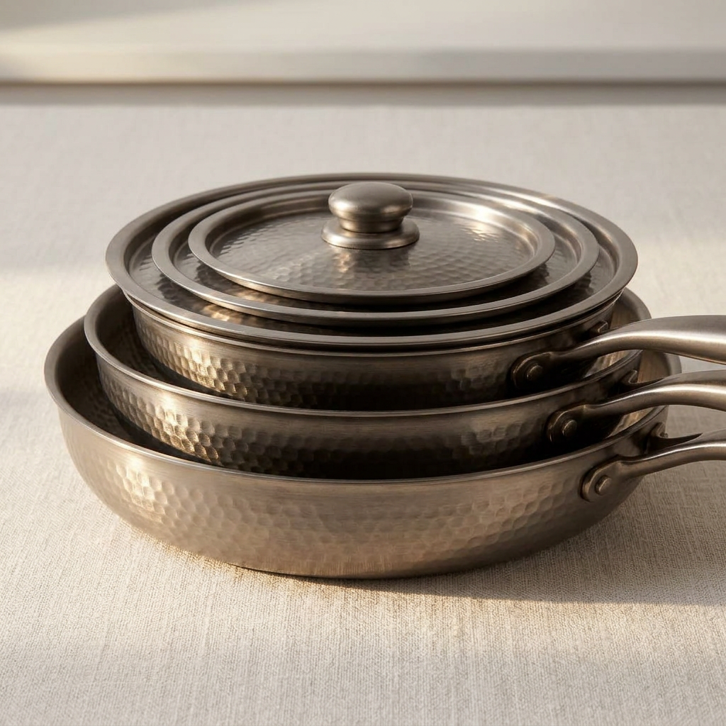 Titanium Hammered Pan Set 6-Pcs - stacked pans close up