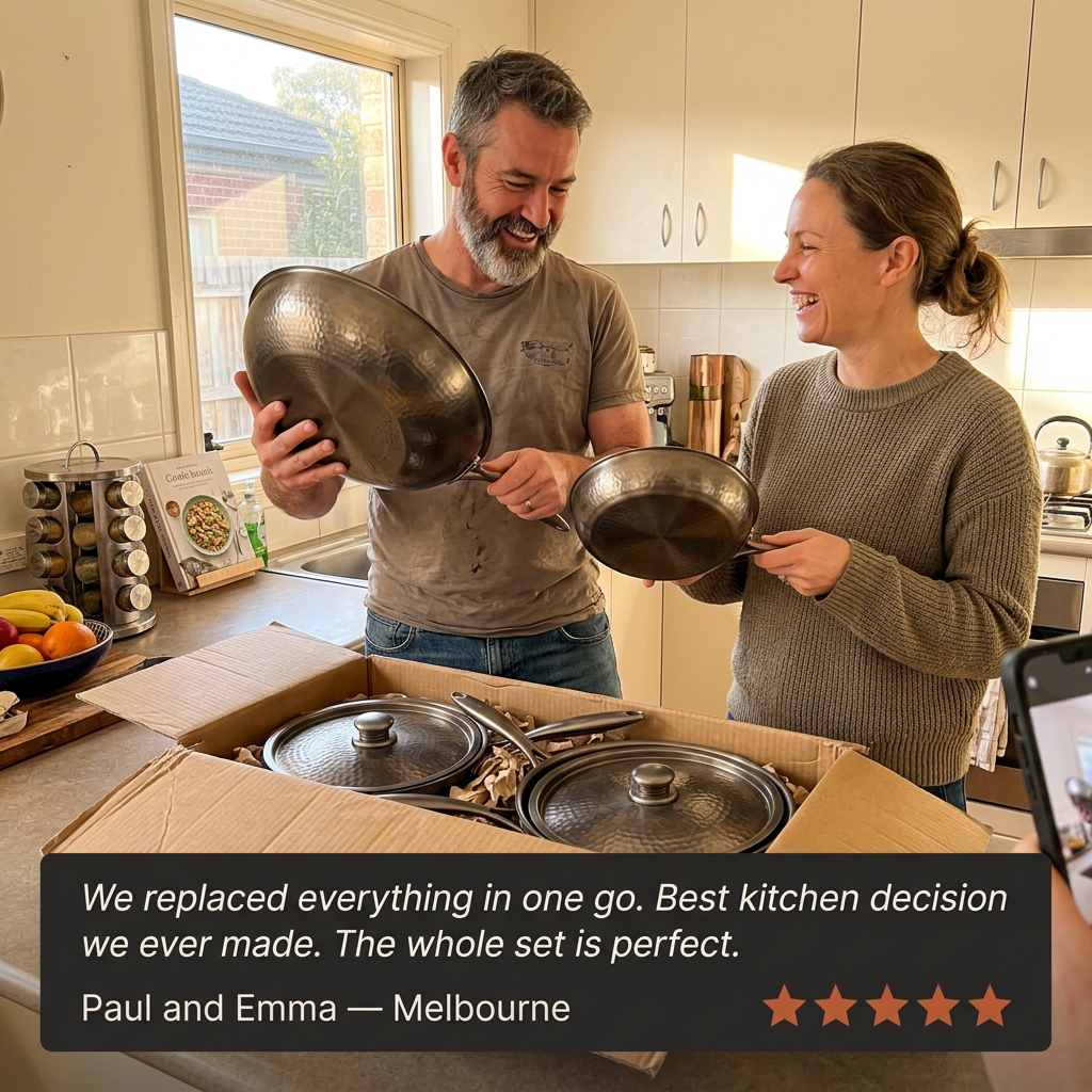 Titanium Hammered Pan Set 6-Pcs - Paul and Emma testimonial