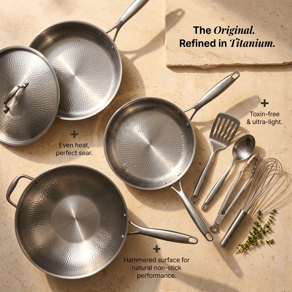 Titanium Hammered Cookware Set Pro - overhead flat lay all pieces