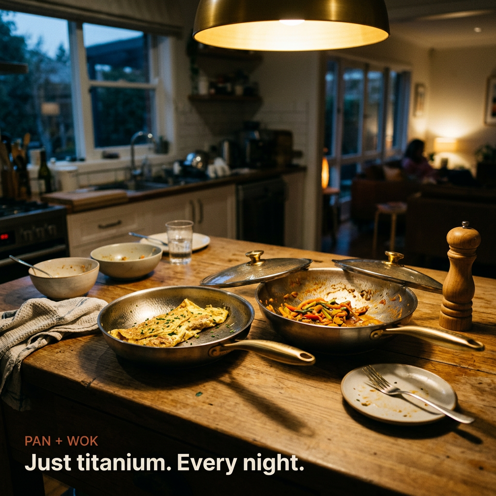 Titanium Pan Pro + Wok Pro Set - after dinner bench scene