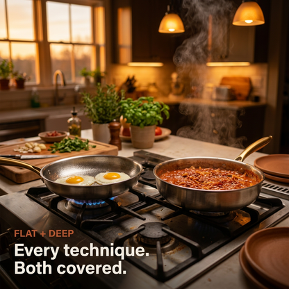 Titanium Pan Pro + High-Sided Pan Set - both on cooktop