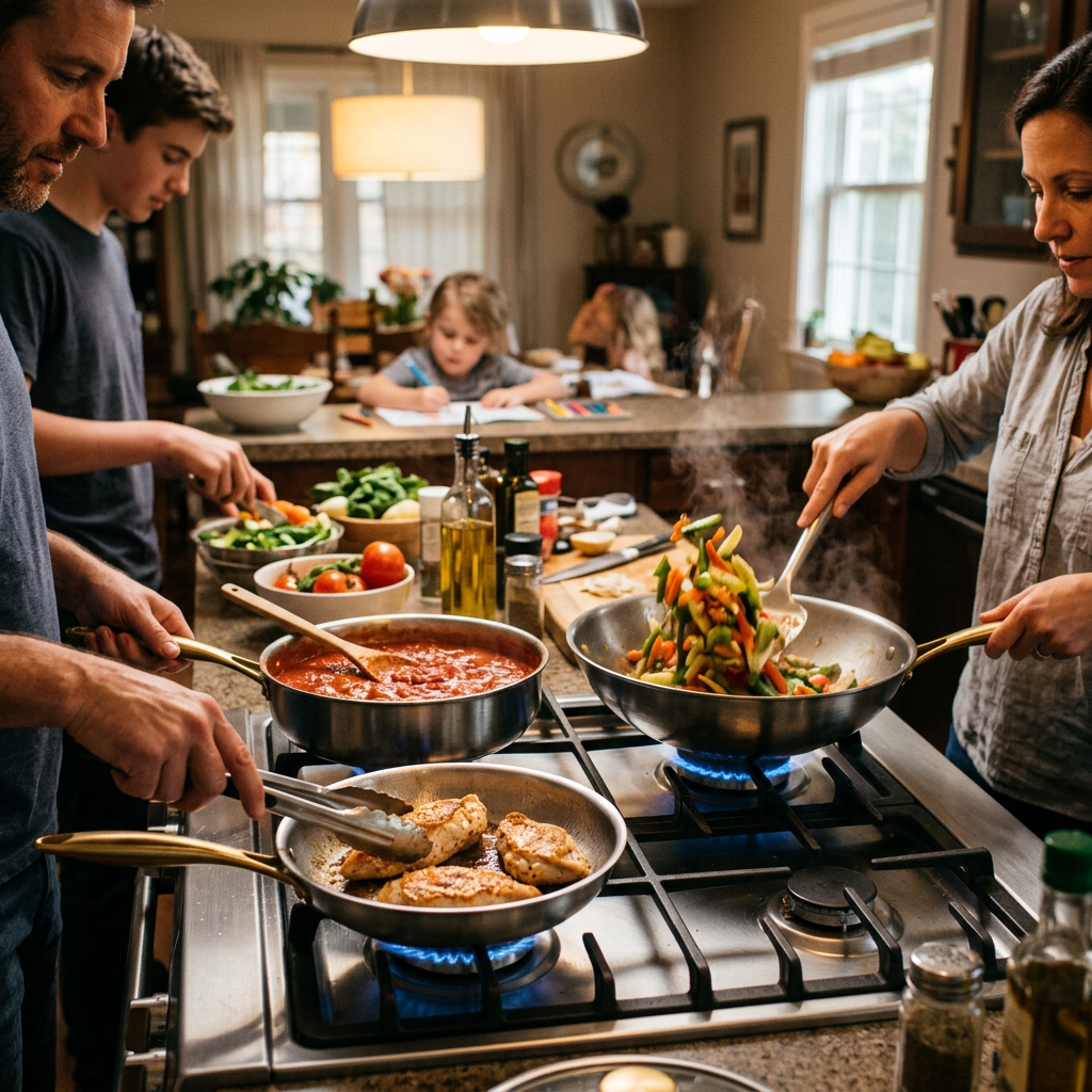 Essential Titanium Pan Set - all three pans cooking