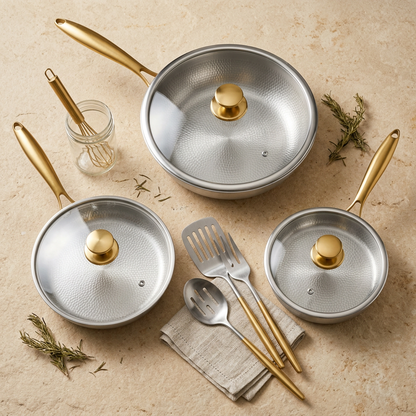 Essential Titanium Pan Set - overhead flat lay all pieces