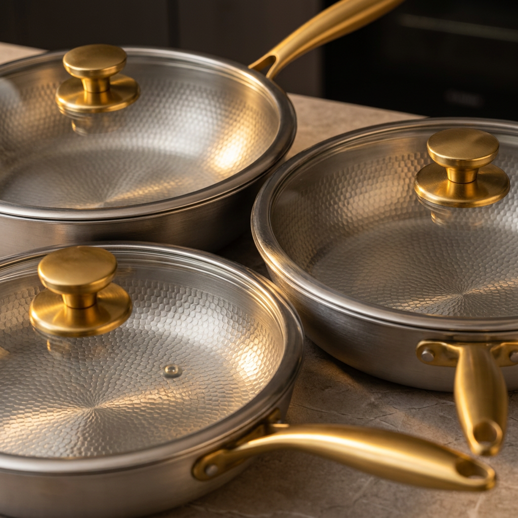 Essential Titanium Pan Set - three pans close up matched