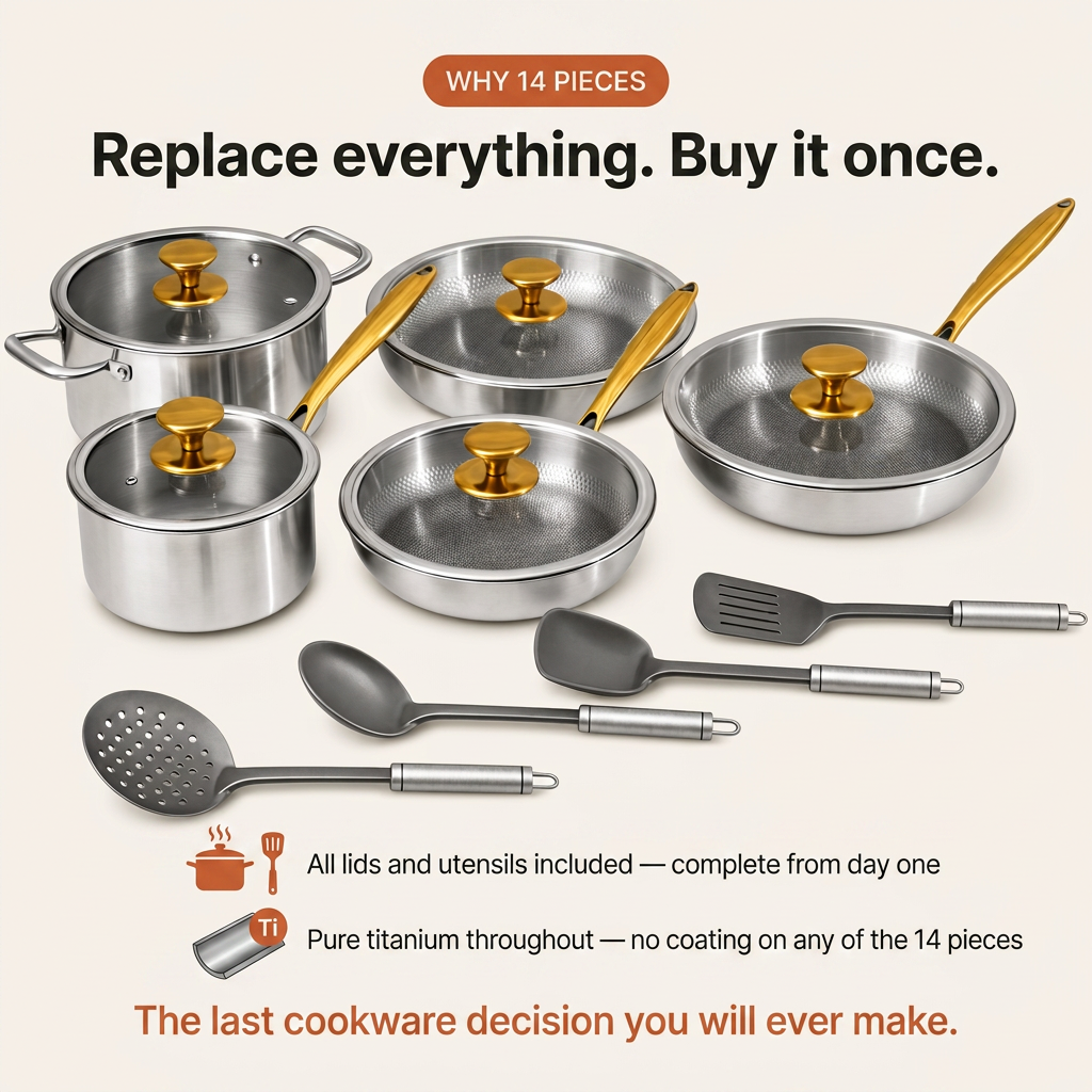 Complete Titanium Kitchen Set 14 Pieces - why 14 pieces card