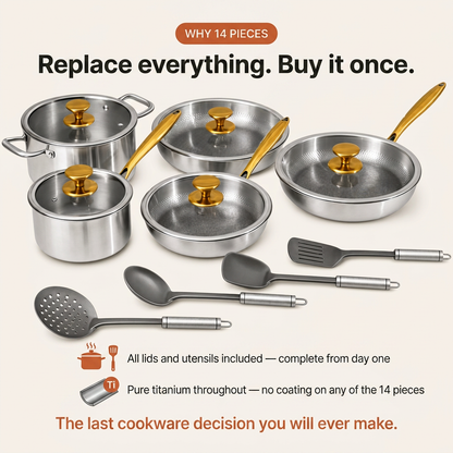 Complete Titanium Kitchen Set 14 Pieces - why 14 pieces card