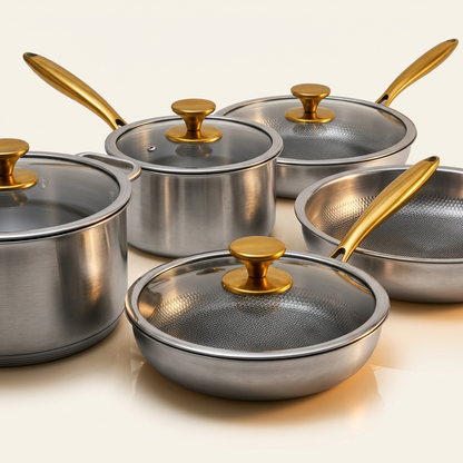 Complete Titanium Kitchen Set 14 Pieces - all pans matched close up