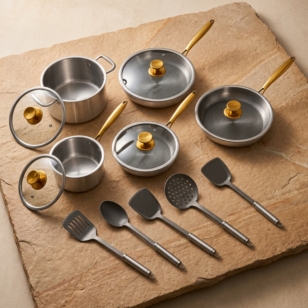 Complete Titanium Kitchen Set 14 Pieces - overhead all 14 flat lay