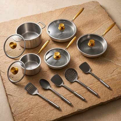 Complete Titanium Kitchen Set 14 Pieces - overhead all 14 flat lay