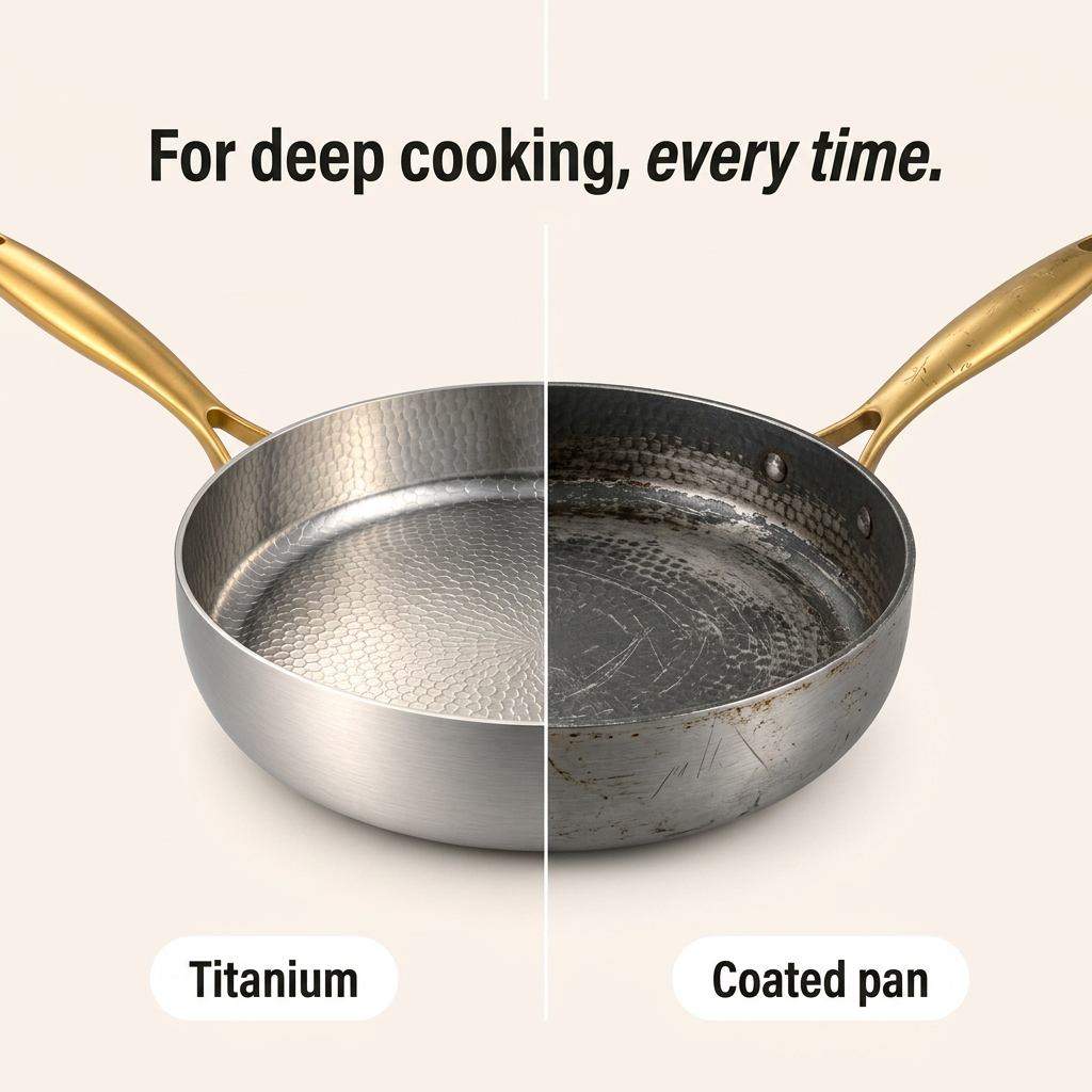 Titanium High-Sided Pan Pro - split comparison titanium vs coated