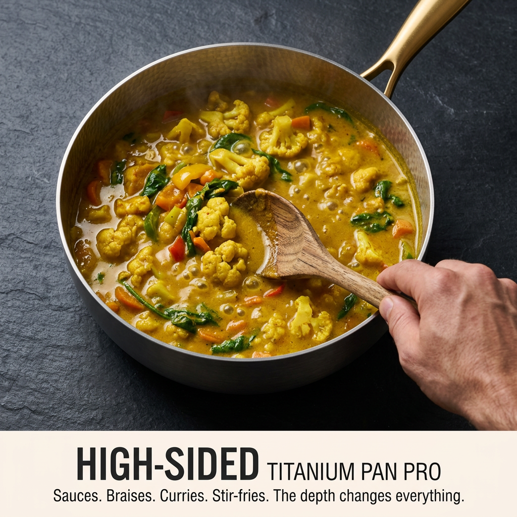 Titanium High-Sided Pan Pro - overhead curry mid-stir