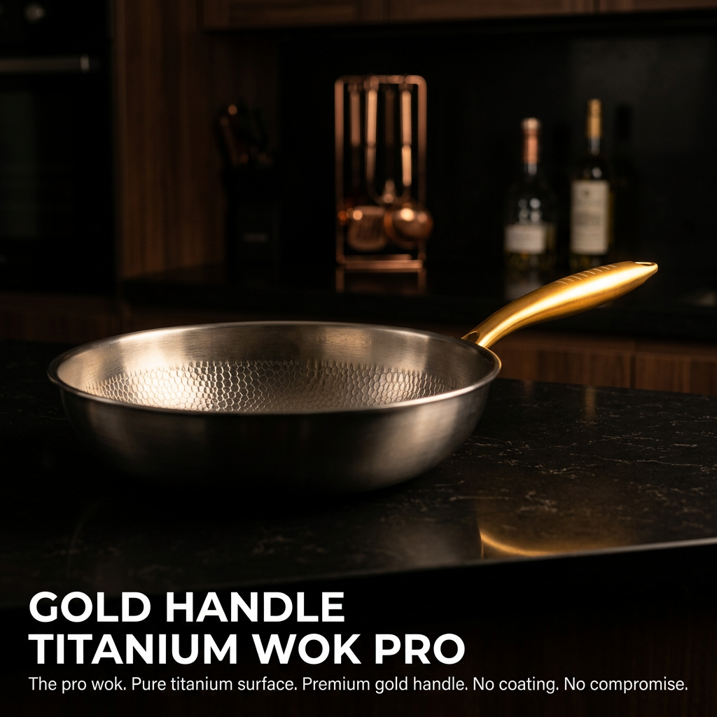 Titanium Wok Pro Gold Handle - dark bench lifestyle