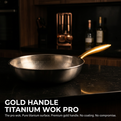 Titanium Wok Pro Gold Handle - dark bench lifestyle