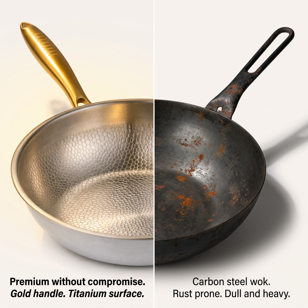 Titanium Wok Pro Gold Handle - split titanium vs carbon steel