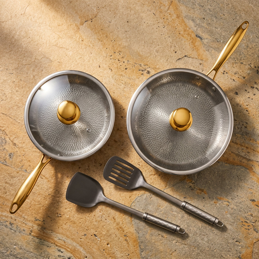 Everyday Titanium Pan Duo - overhead flat lay with lids and utensils
